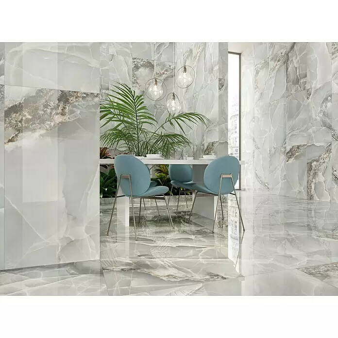 Feinsteinzeugfliese Palace Grey - 60 x 120 cm, Hellgrau, Glänzend - Stimmungsaufnahme