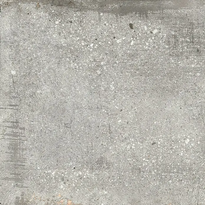 Feinsteinzeugfliese Bond Ash - 60 x 60 cm, Grau, Matt - Nahaufnahme einer grauen Betonoberfläche mit feiner Textur und eingearbeiteten Kieselsteinen, ideal für moderne Designs.