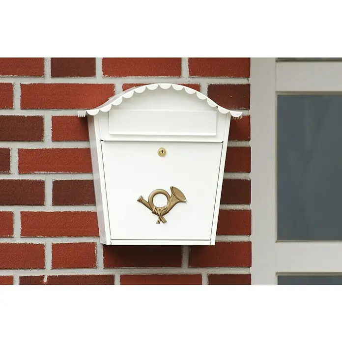 Tesa Powerbond Cinta de doble cara Outdoor - 19 mm x 1,5 m, Negro - Esta foto muestra un buzón con un símbolo de bocina de correo en una pared de ladrillos, perfecto para recibir el correo con estilo.