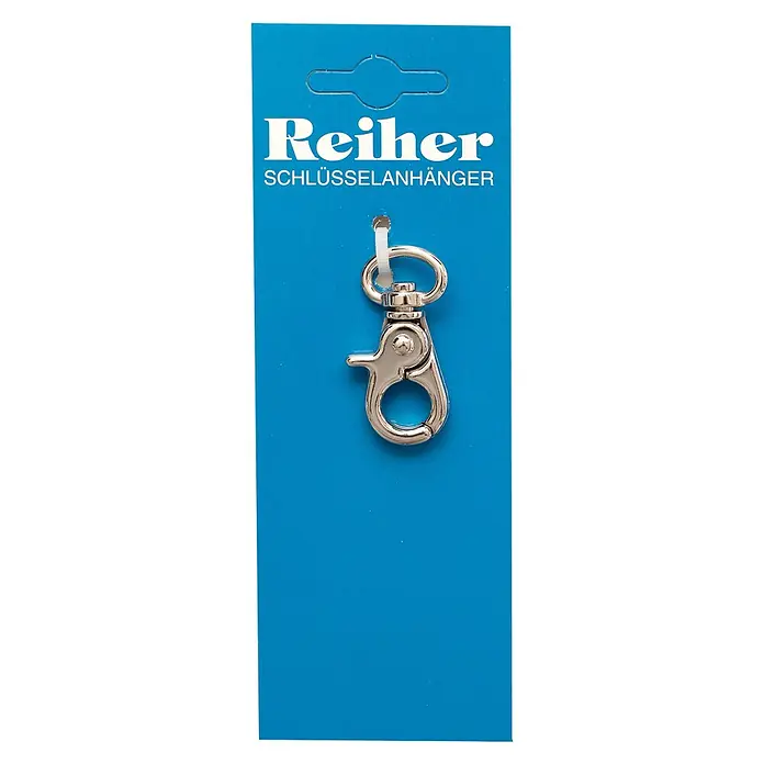 Reiher Schlüsselanhänger - Länge: 45 mm, Vernickelt - Schlüsselanhänger "Reiher" in Silber auf blauem Karton. Praktischer Karabinerhaken für Schlüsselbund oder Tasche.
