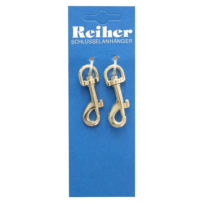 Reiher Schlüsselanhänger - Länge: 53 mm, Vermessingt, 2 Stk. - Zwei goldene Reiber Schlüsselanhänger auf blauem Hintergrund.