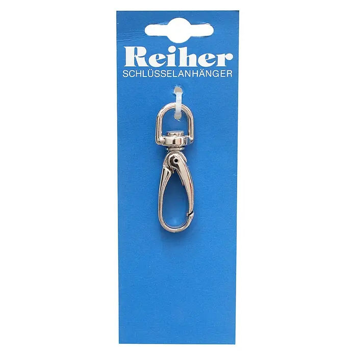 Reiher Schlüsselanhänger - Länge: 64 mm, Vernickelt - Schlüsselanhänger von Reiher auf blauem Karton befestigt, ein Karabinerhaken aus glänzendem Metall mit drehbarem Gelenk und Verschluss.