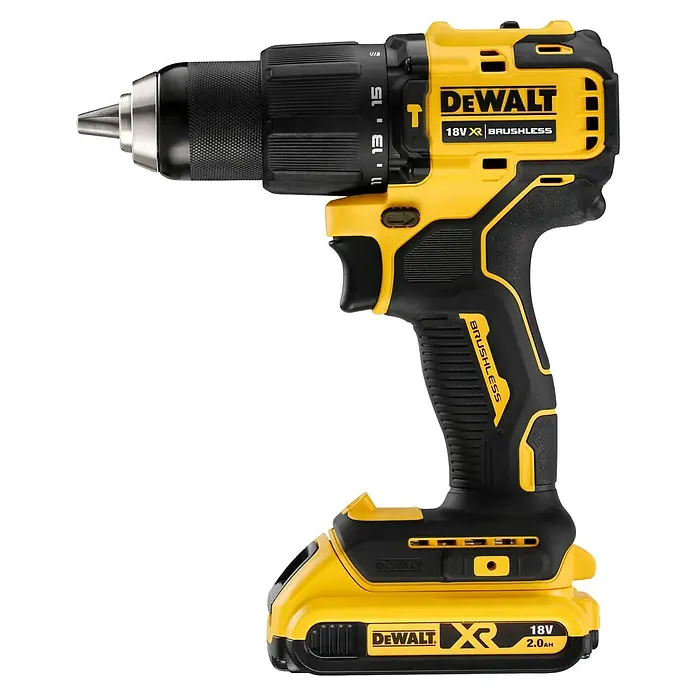 DeWalt XR 18V Akku-Schlagbohrschrauber DCD709N-XJ - 18 V, Ohne Akku, 65 Nm - Abbildung eines DeWalt 18V XR Brushless Akku-Bohrschraubers mit gelbem und schwarzem Farbschema.