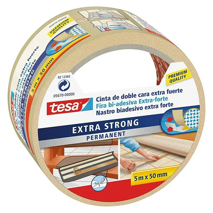 Tesa Cinta de doble cara Extra Fuerte Moquetas - 50 mm x 5 m, Blanco - Un rollo de cinta de doble cara Tesa Extra Strong Permanent, ideal para fijaciones permanentes.