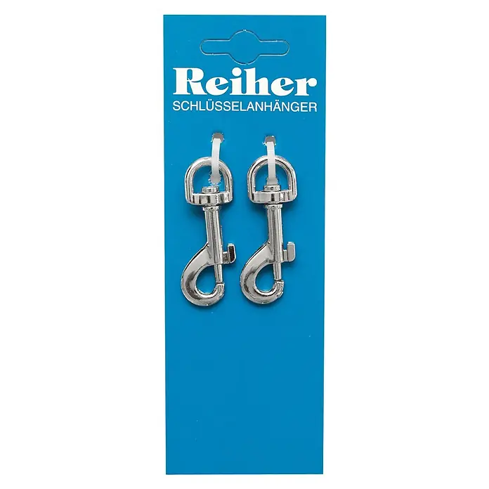 Reiher Schlüsselanhänger - Länge: 53 mm, Vernickelt, 2 Stk. - Zwei silberne Reihner Schlüsselanhänger auf einer blauen Karte, perfekt für Schlüssel oder Accessoires, praktisch und stabil.