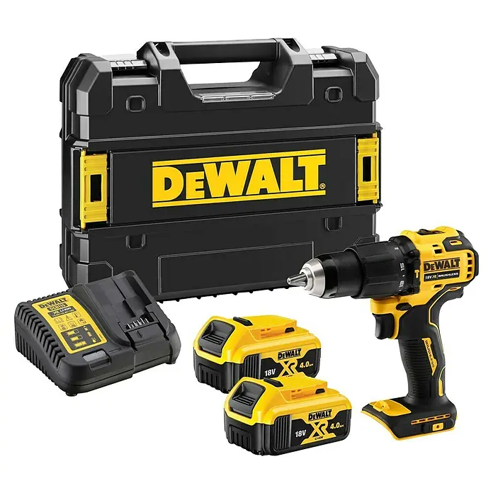 DeWalt XR 18V Taladro atornillador percutor de batería DCD709M2T - 18 V, 2 baterías, 4 Ah, 65 Nm - La imagen muestra un combo de taladro inalámbrico DeWalt, con un taladro atornillador, dos baterías, un cargador y una caja de herramientas robusta.
