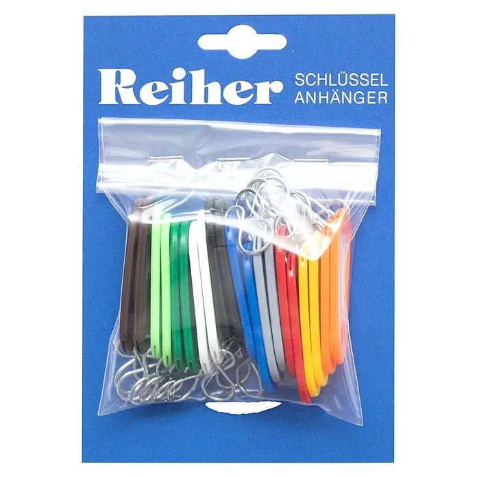Schlüsselanhänger - 20 Stk., Kunststoff - Ein Paket mit Reiher Schlüsselanhängern in verschiedenen Farben, verpackt in einer transparenten Plastiktüte auf blauem Hintergrund.