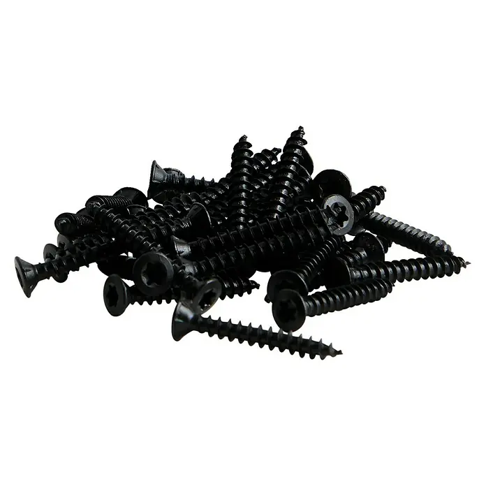 FibroTech Schrauben - Ø x L: 4,2 x 30 mm, 100 Stk., Tiefschwarz - Nahaufnahme eines Haufens schwarzer Schrauben mit Torx-Antrieb, ideal für Bau- und Reparaturprojekte. Präzise gefertigt für zuverlässigen Halt.