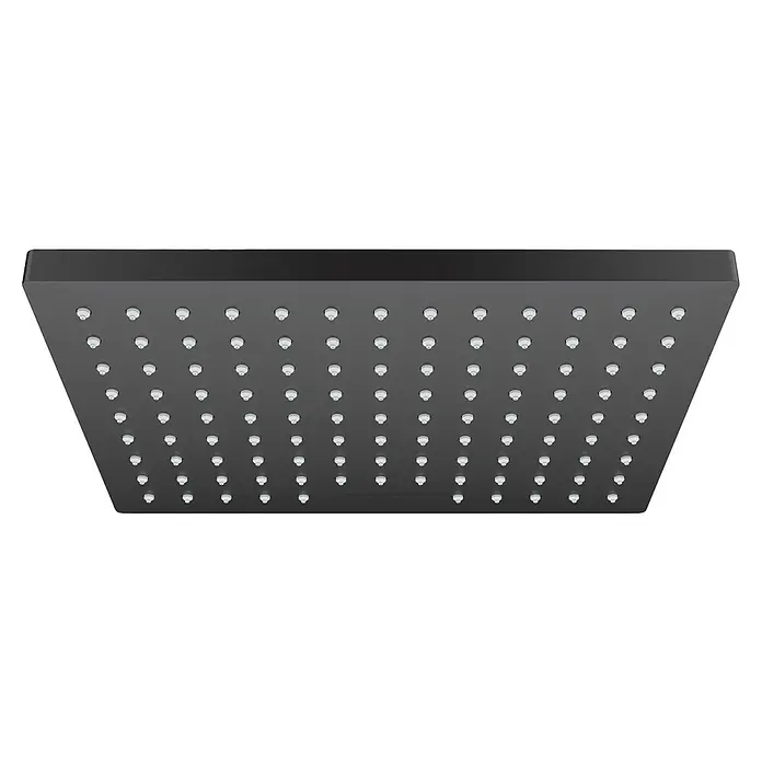 Hansgrohe Vernis Shape Kopfbrause 230 - 23 x 17 mm, 12,4 l/min, Anzahl Funktionen: 1 Stk., Schwarz - Nahaufnahme eines modernen, quadratischen Duschkopfes in Schwarz mit einer Vielzahl kleiner, runder Düsen für ein entspannendes Duscherlebnis.