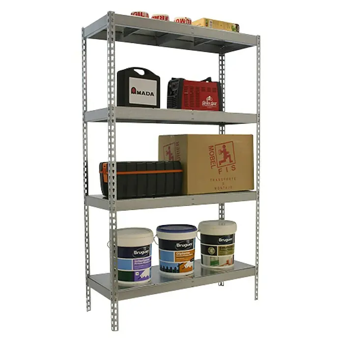 Simonrack Simonforte Estantería para cargas pesadas Metal - Al x An x Pr: 200 x 210 x 75 cm, Capacidad de carga por balda: 500 kg, Número de baldas: 4 ud., Inserción, Gris grafito - Estantería gris de cuatro niveles, cargada con botes de pintura, una caja de herramientas, una batería y cajas. Ideal para talleres y almacenes.