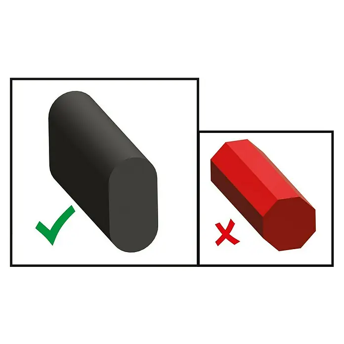 Peddinghaus Nageleisen Power Bar - Länge Stiel: 600 mm - Abbildung zeigt einen abgerundeten Zylinder mit einem grünen Häkchen und einen Vieleckzylinder mit einem roten X.