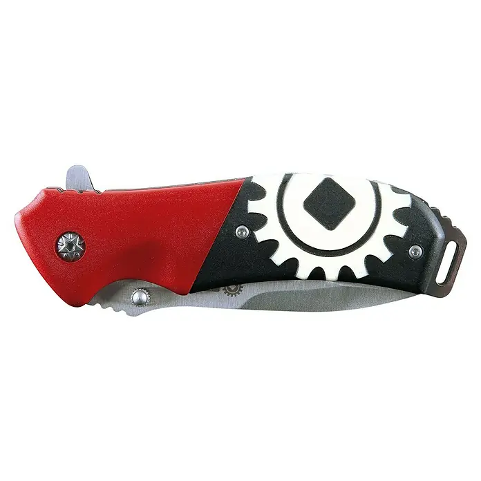 Peddinghaus Klappmesser Pro-Blade - Klingenlänge: 80 mm, Sicherheitsverriegelung - Dieses Bild zeigt ein auffälliges Klappmesser mit einer roten Griffschale und einem Zahnradmuster. Das Messer ist ideal für den täglichen Gebrauch.