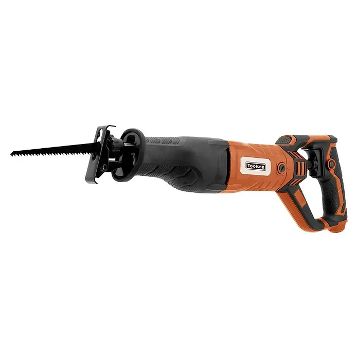Toolson PRO Sierra de sable SSH 210 - 900 W, Número de carreras marcha en vacío: 3.000 /min - Una sierra de vaivén Toolson, una herramienta eléctrica con cuerpo naranja y mango negro, con una hoja de sierra en la parte frontal.