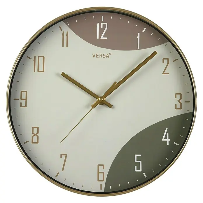 Versa Reloj de pared Verde Claro - Diámetro: 30,5 cm, Multicolor, Verde Claro - Elegante reloj de pared VERSA con marco dorado, detalles en marrón y verde, y números fáciles de leer para una elegante medición del tiempo.