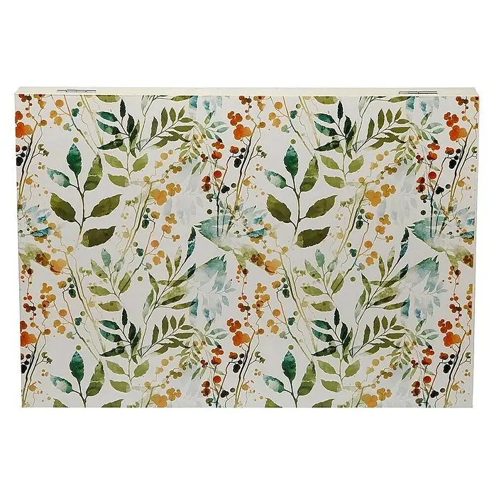 Versa Armario de contadores Acuarela - 45 x 33 cm - Primer plano de una caja de almacenamiento floral con hojas de acuarela y diseño de bayas, ideal para una organización elegante.