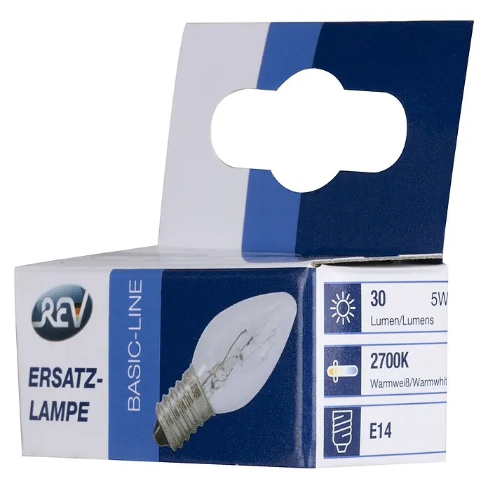 REV Lámpara de repuesto - 5 W, E14 - Fotografía de producto de una bombilla de repuesto REV BASIC-LINE con 30 lúmenes, 5W y casquillo E14, blanco cálido (2700K), en el embalaje.