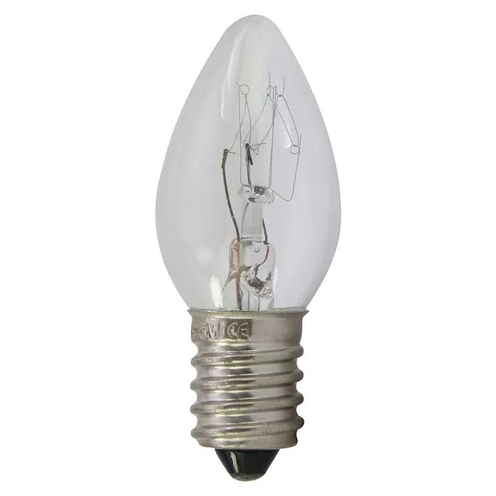 REV Lámpara de repuesto - 5 W, E14 - Primer plano de una bombilla pequeña y transparente con una base metálica en espiral y filamento visible.