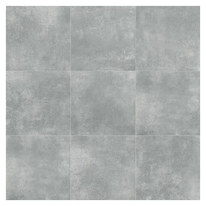 Domicil Feinsteinzeugfliese Living Concrete - 60 x 60 cm, Grau, Matt - Nahaufnahme von neun grauen Fliesen mit subtilen Texturen und feinen Fugenlinien, ideal für moderne Innenräume.