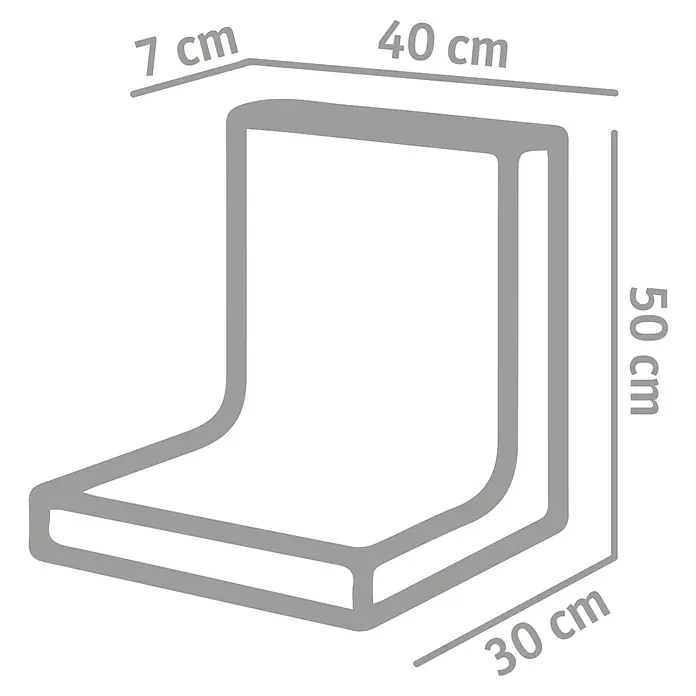 Diephaus L-Stein - 50 cm, 40 cm, Stärke: 7 cm, Grau - Illustration eines L-förmigen Wandregals mit den Maßen 40x50x30 cm, Tiefe 7 cm. Das Regal ist in Graustufen gehalten und die Maße sind angegeben.