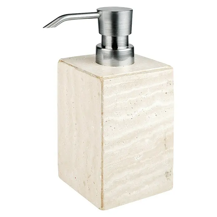 Bath Stage B-Sandy Dispensador de jabón - L x An x Al: 7 x 7 x 16 mm, Piedra natural, Beige - Un lujoso dispensador de jabón con un recipiente cuadrado de travertino y una elegante bomba de acero inoxidable para el baño.
