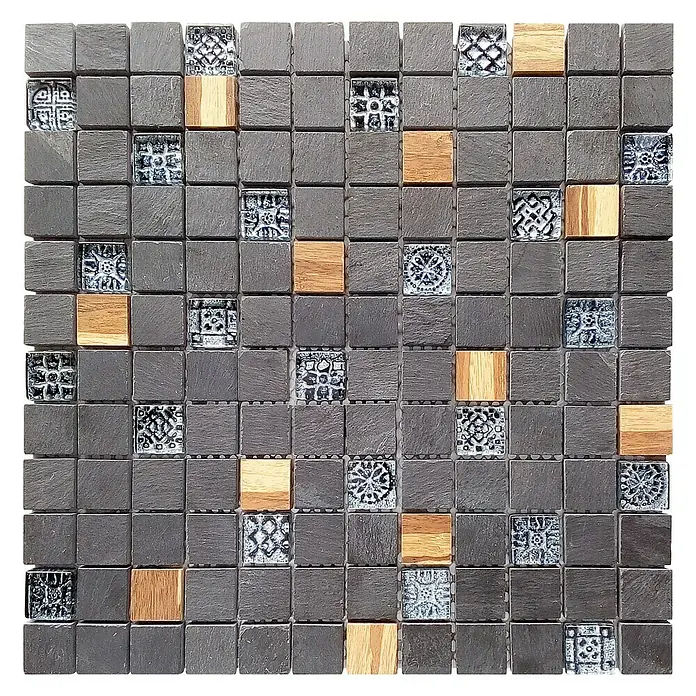 Malla mosaico Bamboo - 30 x 30 cm, Negro - Baldosa decorativa cuadrada: baldosas de acento grises, estampadas en azul y de madera con una superficie ligeramente texturizada.