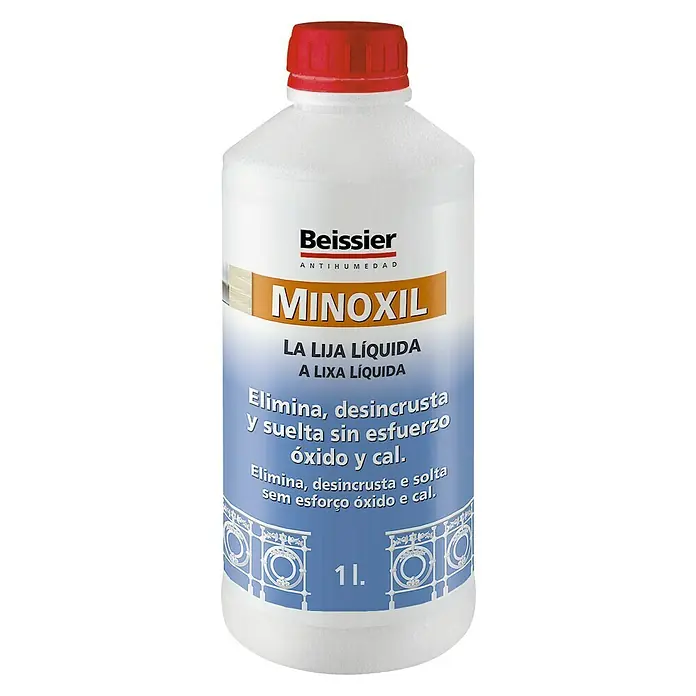 Beissier Lija líquida Minoxil - Incoloro - La imagen muestra una botella de Beissier Minoxil, una solución líquida para eliminar óxido y cal sin esfuerzo.