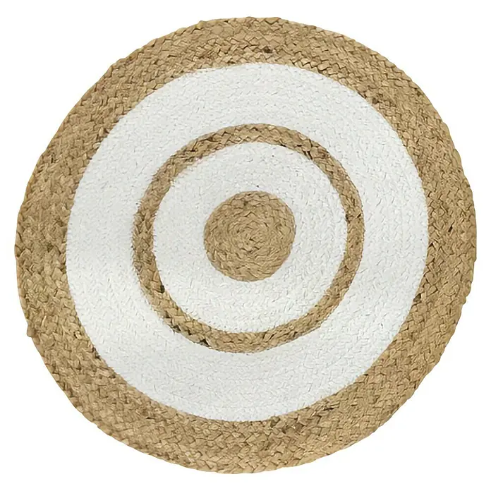 Alfombra de yute Curazao - Diámetro: 100 cm, Marrón/Blanco - Individual redondo de yute con diseño de círculo concéntrico blanco. Posavasos rústico y decorativo para la mesa.