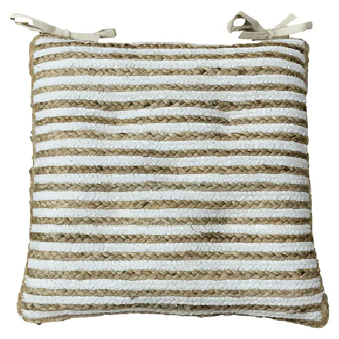 Cojín para silla Moorea - 45 x 45 x 45 cm, Marrón/Blanco - Cojín de asiento cuadrado con un patrón de rayas hecho de yute y tela blanca, con pequeñas cintas en la parte superior.
