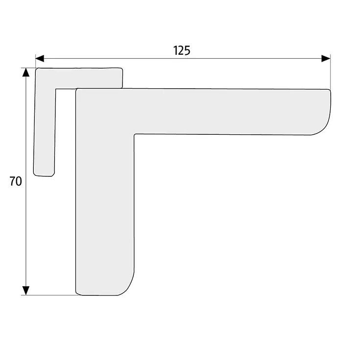 Abus Türschließer 2603 - Geeignet für: Innentüren, L x B: 125 x 70 mm, Links/Rechts, Weiß - Abbildung eines Winkelprofils mit den Maßen 125 mm Länge und 70 mm Höhe, ideal für Konstruktionen und DIY-Projekte.