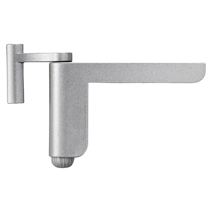 Abus Türschließer 2603 - Geeignet für: Innentüren, L x B: 125 x 70 mm, Links/Rechts, Silber - Nahaufnahme eines silbernen Produkts, das wie ein Winkel mit einem Drehgelenk aussieht und auf einem schwarzen Hintergrund isoliert ist.