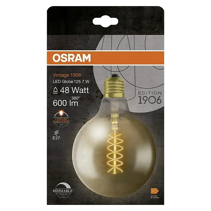 Osram LED-Lampe Vintage Edition 1906 Globe-Form E27 - E27, Dimmbar, Warmweiß, 600 lm, 7 W - Das Bild zeigt eine Osram Vintage 1906 LED-Lampe, Globe 125 7W, mit einem warmweißen Licht und einem dekorativen Filament, ideal für eine stimmungsvolle Beleuchtung.