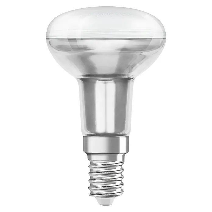 Osram Star LED-Lampe - E14, Nicht Dimmbar, Kaltweiß, 210 lm, 2,6 W - Nahaufnahme einer klaren LED-Reflektorlampe mit Schraubsockel, die für eine energieeffiziente Beleuchtung sorgt.\n