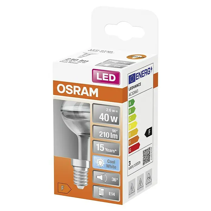 Osram Star LED-Lampe - E14, Nicht Dimmbar, Kaltweiß, 210 lm, 2,6 W - Produktverpackung einer OSRAM LED-Lampe, die 40W entspricht und 210 Lumen Licht mit einer Lebensdauer von 15 Jahren bietet.