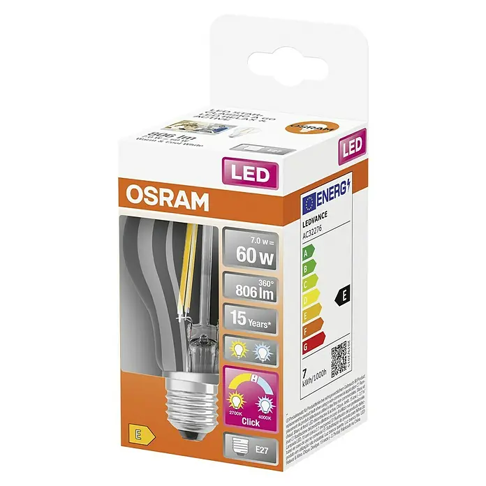 Osram LED-Lampe Glühlampenform E27 klar - E27, Nicht Dimmbar, Warmweiß, 806 lm, 7 W - Produktbild einer LED-Lampe von Osram, Modell AC32276, mit 806 Lumen und E27-Sockel.