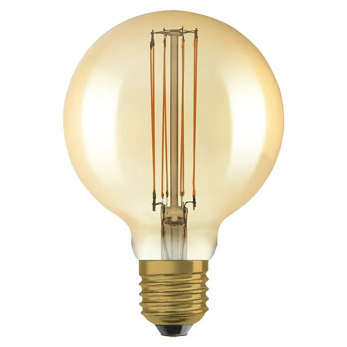 Osram LED-Lampe Vintage Edition 1906 Globe-Form E27 - Durchmesser: 9,5 cm, E27, Dimmbar, Warmweiß, 470 lm, 5,9 W - Nahaufnahme einer großen, runden Glühbirne mit goldfarbenem Sockel und sichtbaren Filamenten im Inneren.