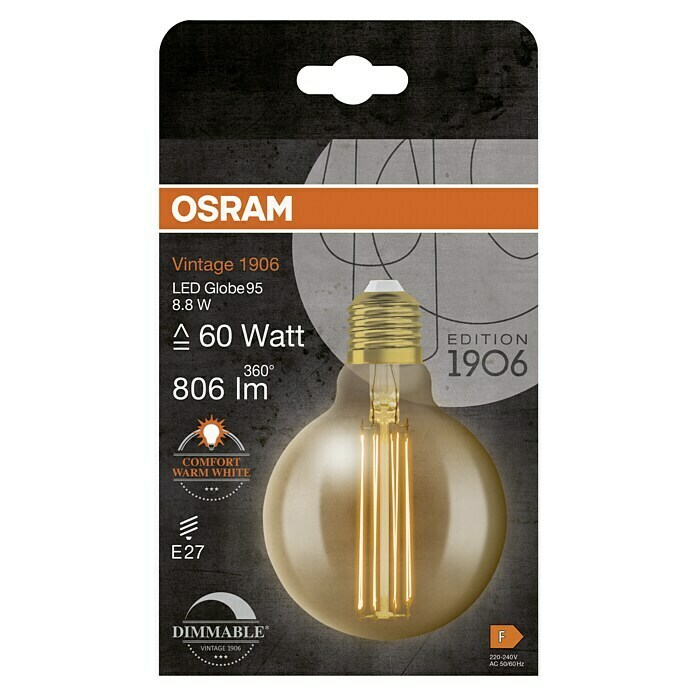 Osram LED-Lampe Vintage Edition 1906 Globe-Form E27 (Durchmesser: 9,5 cm, E27, Dimmbar, Warmweiß, 806 lm, 8,8 W) | BAUHAUS