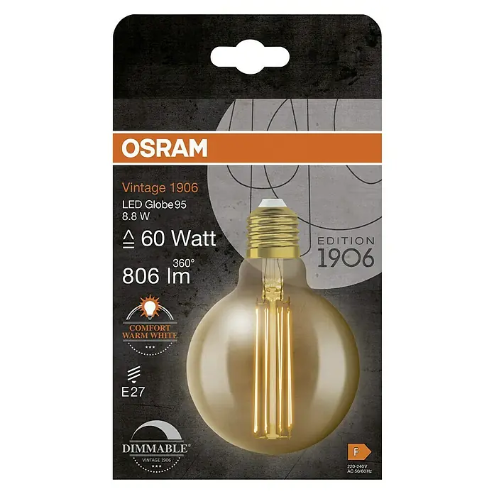Osram LED-Lampe Vintage Edition 1906 Globe-Form E27 - Durchmesser: 9,5 cm, E27, Dimmbar, Warmweiß, 806 lm, 8,8 W - Produktverpackung einer OSRAM Vintage 1906 LED Globe 95 Lampe, die warmweißes Licht spendet und dimmbar ist.