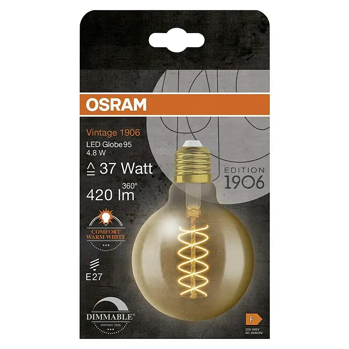 Osram LED-Lampe Vintage Edition 1906 Globe-Form E27 - Durchmesser: 9,5 cm, E27, Dimmbar, Warmweiß, 420 lm, 4,8 W - Produktverpackung der Osram Vintage 1906 LED Globe 95 Lampe mit 4.8 W, die ein warmweisses Licht ausstrahlt und dimmbar ist.
