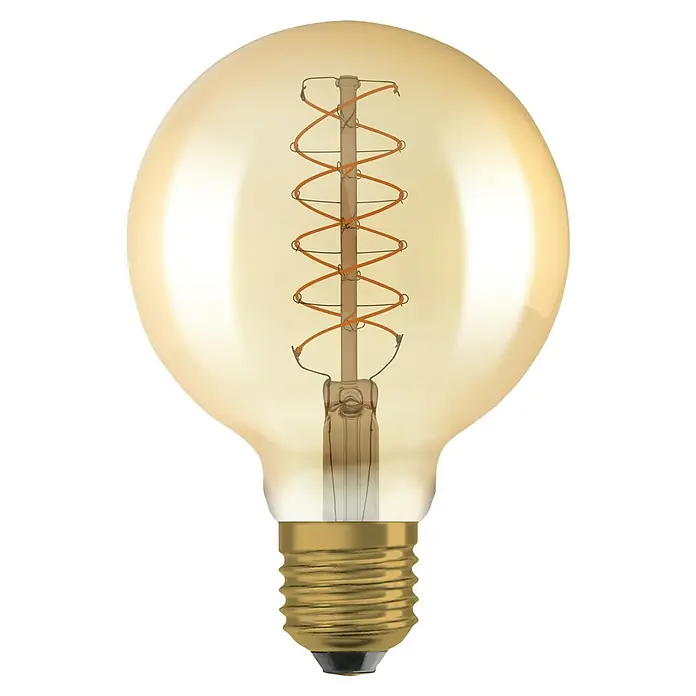 Osram LED-Lampe Vintage Edition 1906 Globe-Form E27 - Durchmesser: 9,5 cm, E27, Dimmbar, Warmweiß, 420 lm, 4,8 W - Eine Nahaufnahme einer dekorativen Glühbirne mit einem warmen, bernsteinfarbenen Farbton und einem filigranen Glühfaden-Design.