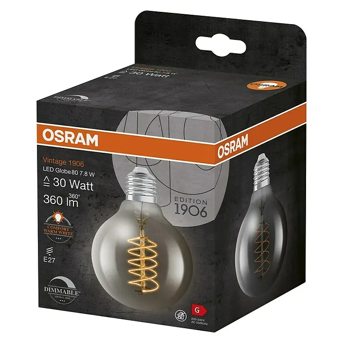 Osram LED-Lampe Vintage Edition 1906 Globe-Form E27 - E27, Dimmbar, Warmweiß, 360 lm, 7,8 W - Nahaufnahme einer OSRAM Vintage 1906 LED Globe 80 7.8 W Lampe in der Verpackung, die eine gemütliche, warmweiße Beleuchtung bietet und dimmbar ist.