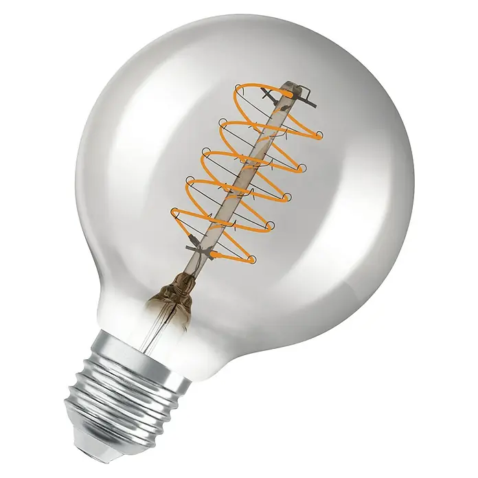 Osram LED-Lampe Vintage Edition 1906 Globe-Form E27 - E27, Dimmbar, Warmweiß, 360 lm, 7,8 W - Nahaufnahme einer Globe-Glühbirne mit einem dekorativen Glühfaden, die ein warmes, einladendes Licht ausstrahlt. Sie ist perfekt für Vintage-Lampen.