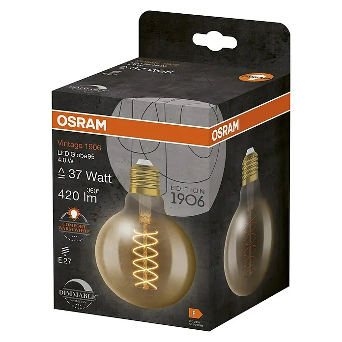 Osram LED-Lampe Vintage Edition 1906 Globe-Form E27 - Durchmesser: 9,5 cm, E27, Dimmbar, Warmweiß, 420 lm, 4,8 W - Produktfoto der Osram Vintage 1906 LED Globe 95 4.8W Lampe, die mit ihrem warmweißen Licht eine gemütliche Atmosphäre schafft.