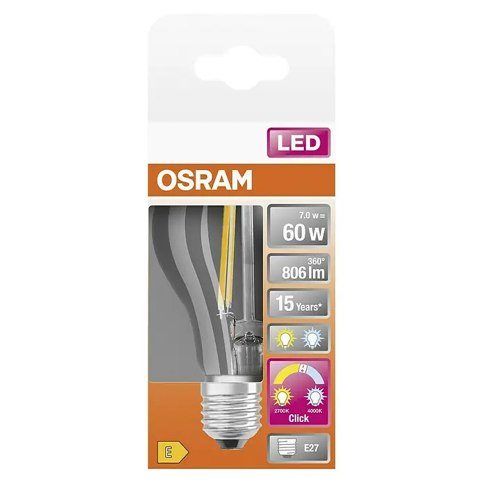 Osram LED-Lampe Glühlampenform E27 klar - E27, Nicht Dimmbar, Warmweiß, 806 lm, 7 W - Verpackung einer Osram LED-Lampe, die 60 W entspricht und eine Lebensdauer von 15 Jahren hat.
