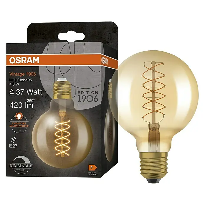 Osram LED-Lampe Vintage Edition 1906 Globe-Form E27 - Durchmesser: 9,5 cm, E27, Dimmbar, Warmweiß, 420 lm, 4,8 W - Produktbild einer Vintage 1906 LED Globe 95 Lampe von Osram, mit warmweißem Licht und dimmbarer Funktion, ideal für dekorative Beleuchtung.