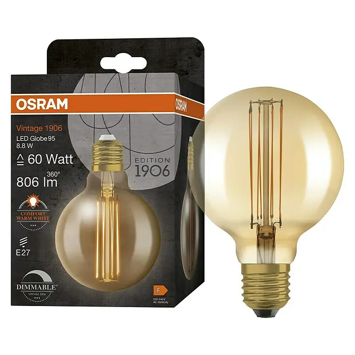 Osram LED-Lampe Vintage Edition 1906 Globe-Form E27 - Durchmesser: 9,5 cm, E27, Dimmbar, Warmweiß, 806 lm, 8,8 W - Abbildung einer Osram Vintage 1906 LED Globe 95 Lampe mit 8.8 W, die ein warmes, dimmbares Licht ausstrahlt und eine gemütliche Atmosphäre schafft.