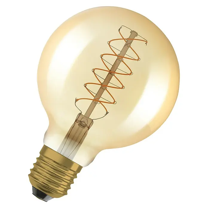 Osram LED-Lampe Vintage Edition 1906 Globe-Form E27 - Durchmesser: 9,5 cm, E27, Dimmbar, Warmweiß, 420 lm, 4,8 W - Nahaufnahme einer Edison-Glühbirne mit filigranem Glühfaden in einem warmen, bernsteinfarbenen Farbton, der ein weiches, einladendes Licht ausstrahlt.