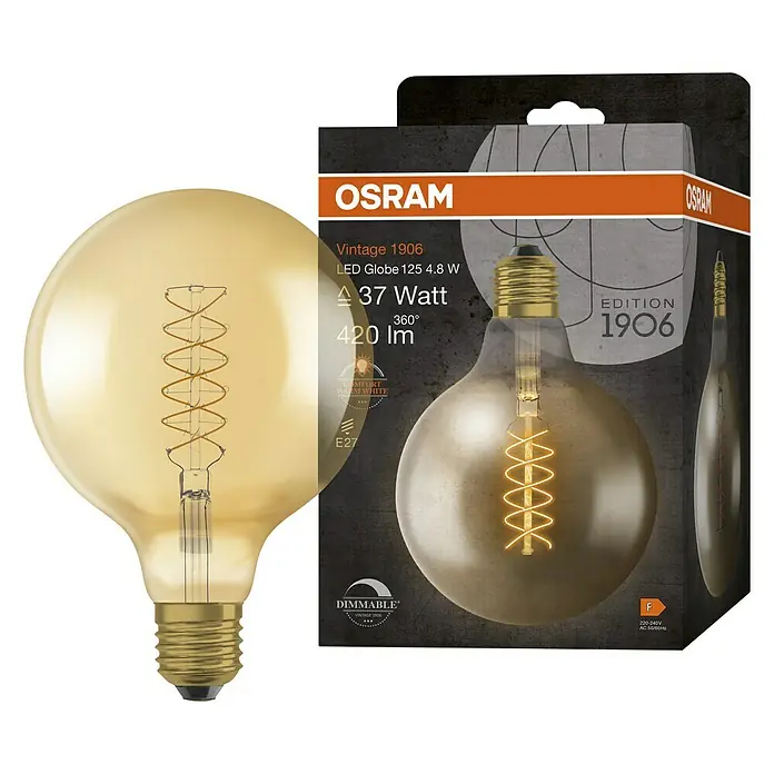 Osram LED-Lampe Vintage Edition 1906 Globe-Form 125 E27 - E27, Dimmbar, Warmweiß, 420 lm, 4,8 W - Nahaufnahme einer Osram Vintage 1906 LED-Globelampe (4,8 W) mit warmweißem Licht, ideal für dekorative Beleuchtung.