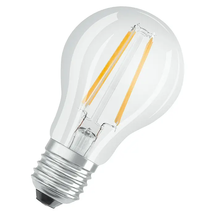 Osram LED-Lampen Set Base Classic - E27, Glänzend, Nicht Dimmbar, Warmweiß, 806 lm, 7 W, 6 Stk. - Nahaufnahme einer Osram LED-Filamentlampe mit E27-Sockel, die warmes, energieeffizientes Licht für den Innenbereich bietet.