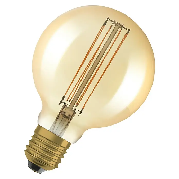 Osram LED-Lampe Vintage Edition 1906 Globe-Form E27 - Durchmesser: 9,5 cm, E27, Dimmbar, Warmweiß, 470 lm, 5,9 W - Nahaufnahme einer dekorativen, vintage-inspirierten Edison-Glühbirne mit warmem, goldenem Farbton und sichtbaren Filamenten.