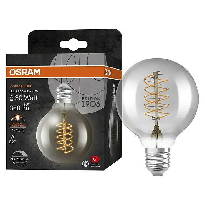 Osram LED-Lampe Vintage Edition 1906 Globe-Form E27 - E27, Dimmbar, Warmweiß, 360 lm, 7,8 W - Aufnahme einer Osram Vintage 1906 LED-Lampe, die warmweißes Licht mit 30 Watt liefert und dimmbar ist.